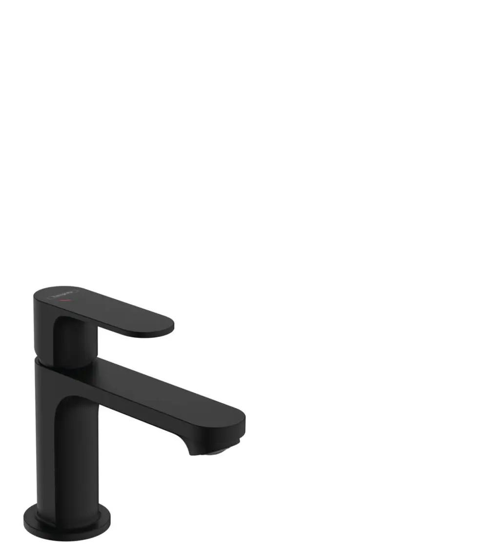 Ein dreidimensionaler Wasserhahn in mattschwarz von Hansgrohe mit einem einhändigen Bedienhebel und einem Auslauf für Waschbecken.